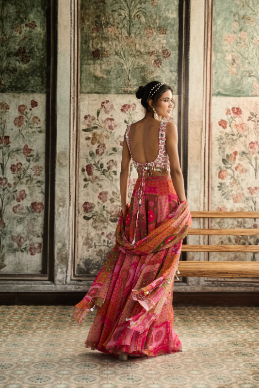 IVORY BUTTA PRINT AND HIGHLIGHTED SQUARE NECK BLOUSE WITH YELLOW-FUSCHIA PRINT SHARARA SET