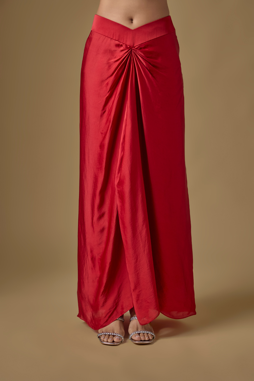 Torrin- Red tulle hand embroidered jacket paired with satin organza drape.