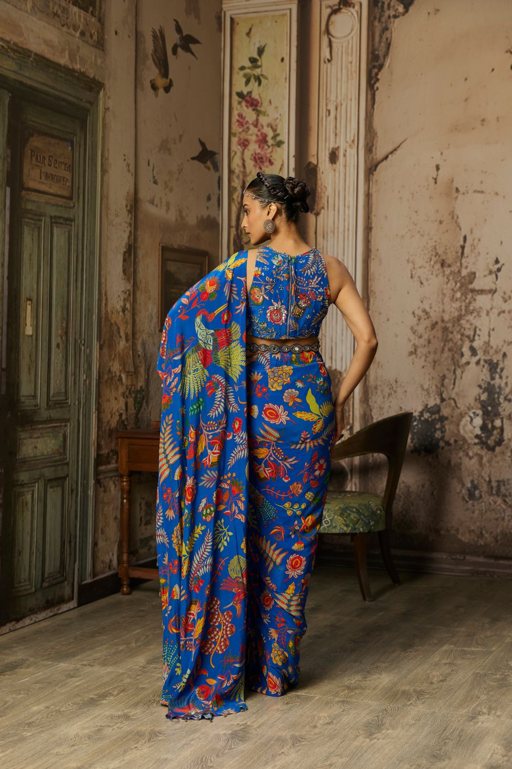 ELECTRIC BLUE PRINTED AND HIGHLIGHTED DHOTI SKIRT SAREE SET