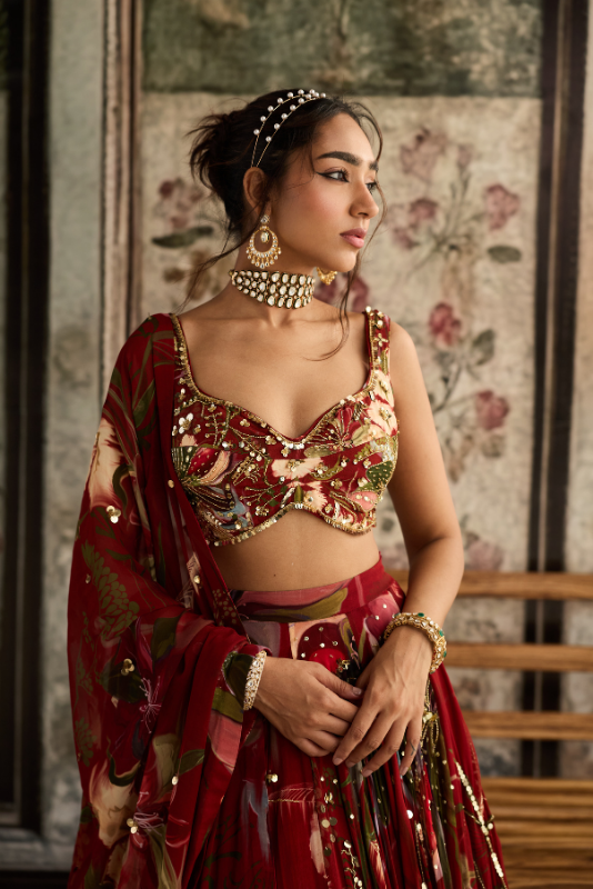 RED FLORAL PRINT AND HIGHLIGHTED LEHENGA SET
