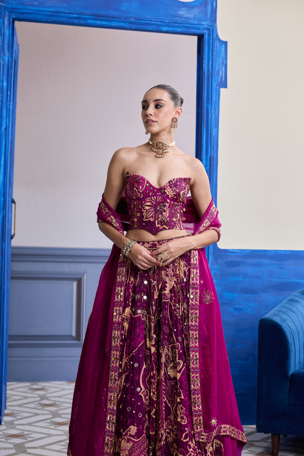 Magenta Highlighted Corset with Lehenga & Embroidered Dupatta Set