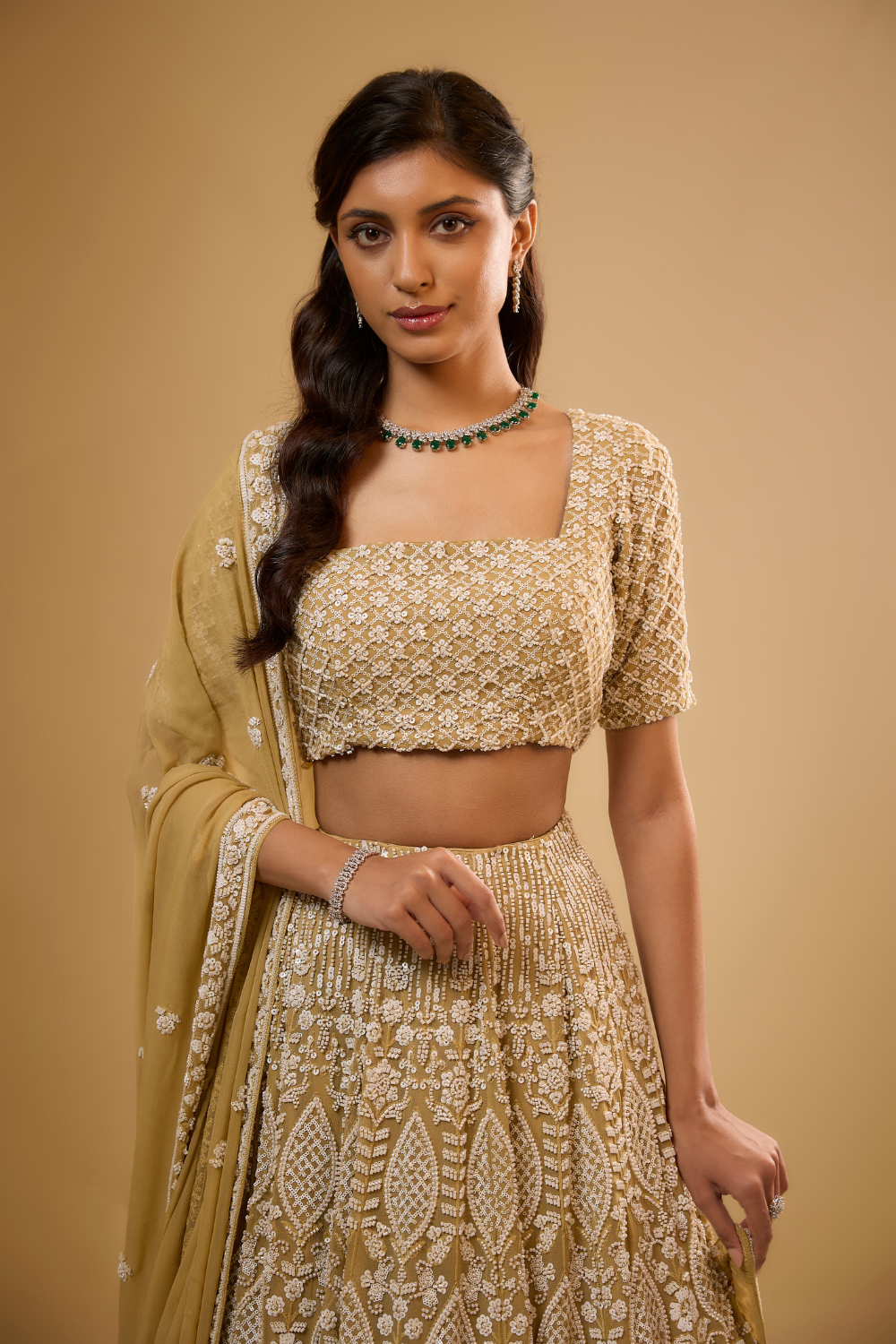 Gold georgette lehenga set with sequins & glass beads