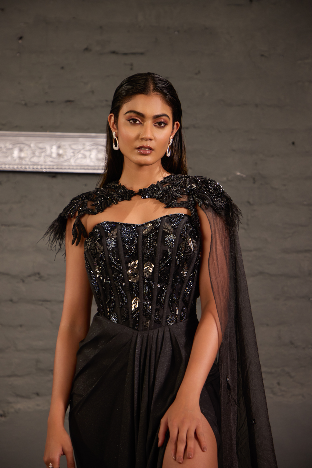 Metallic Corset Gown With Detachable Shoulder Cape