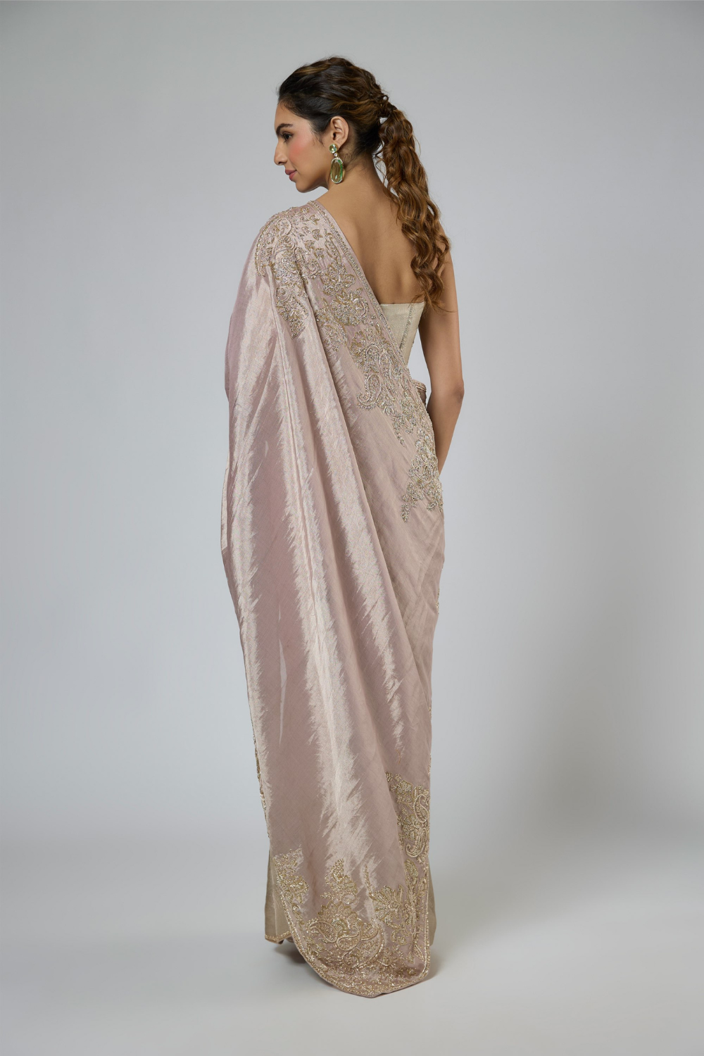 PINK AND SILVER JACQUARD ZARDOZI EMBROIDERED SAREE WITH CORSET BLOUSE