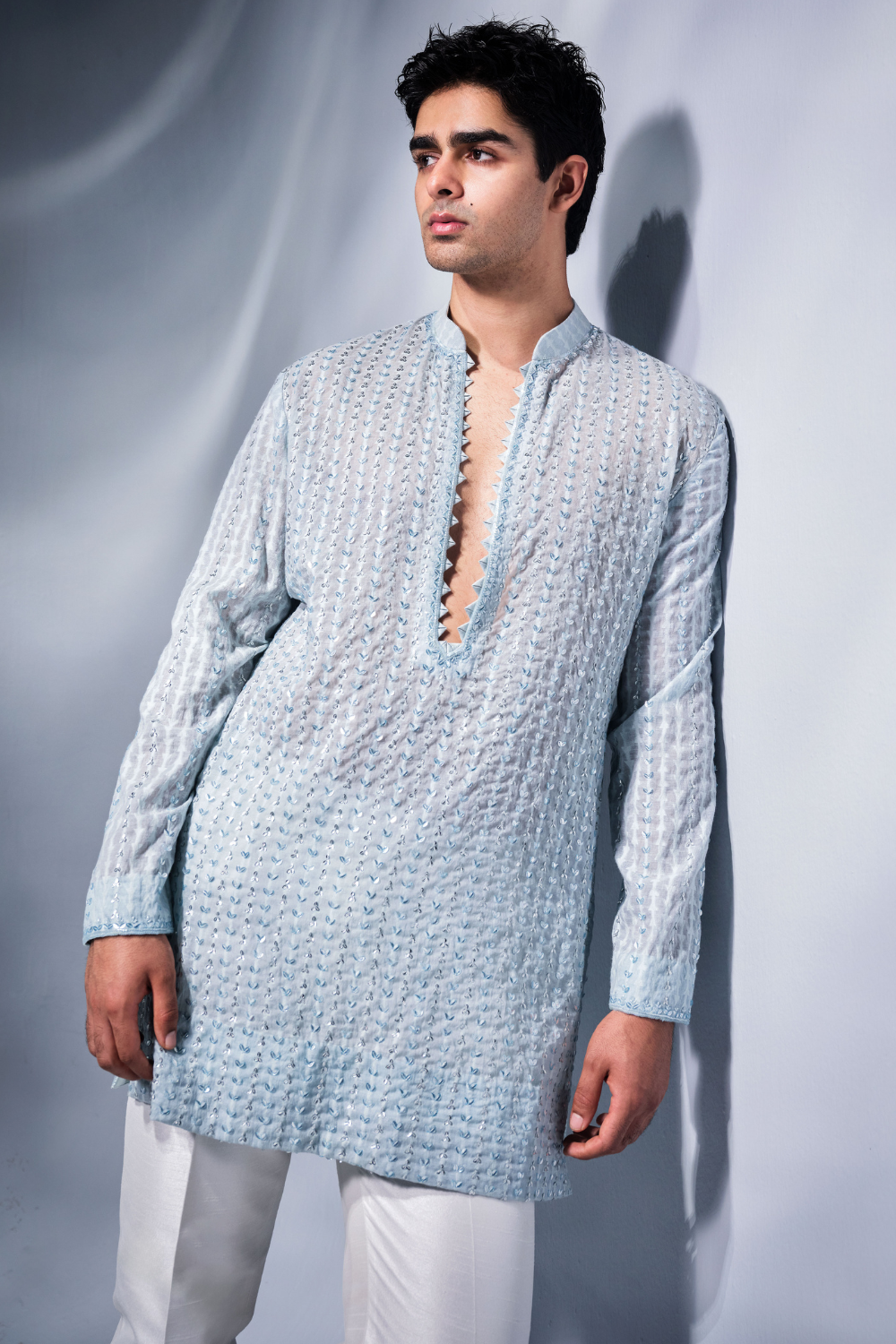 Ice blue Chanderi kurta with patra work