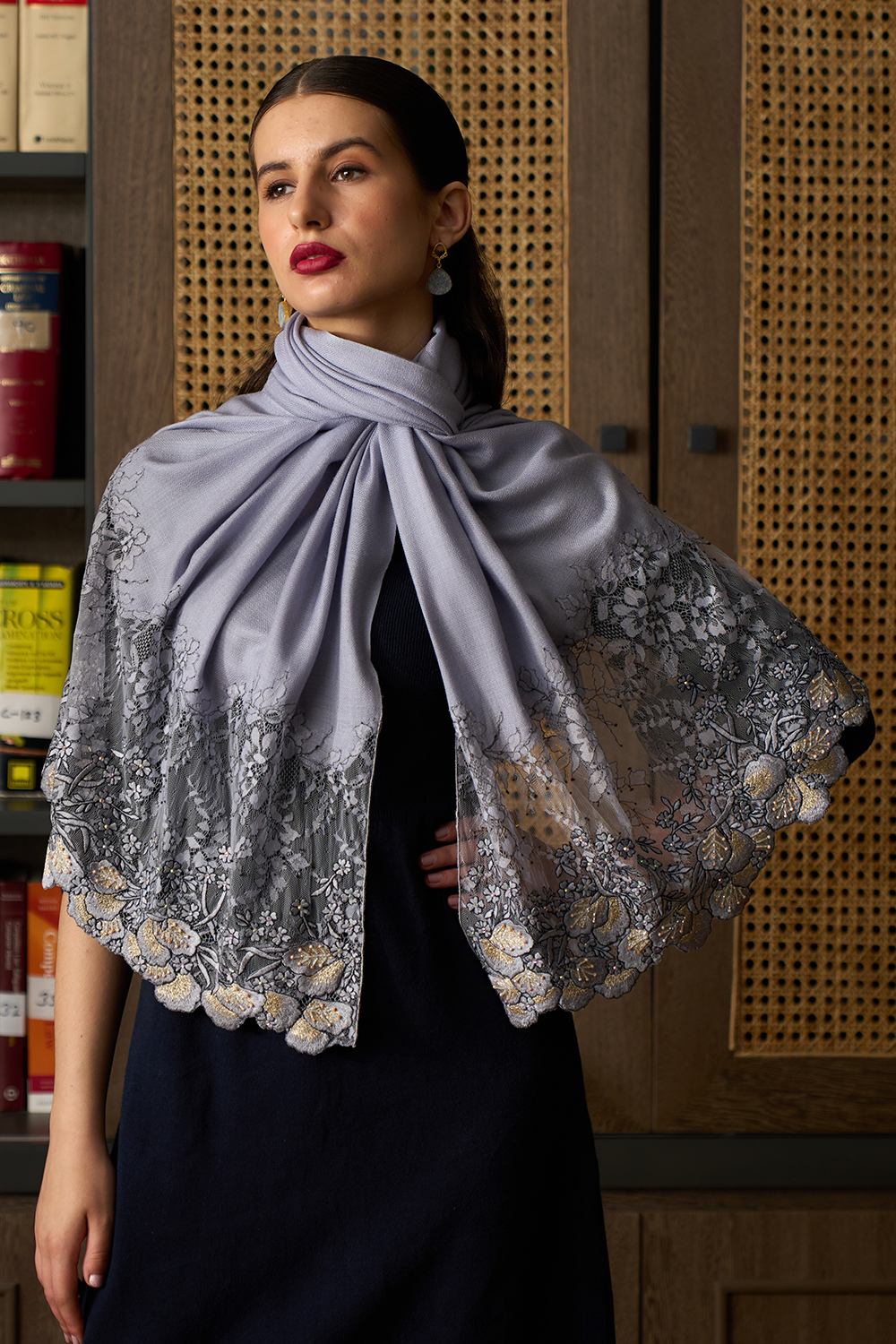 Dainty Petals | Embroidered Wool Silk Stole – Zen Blue