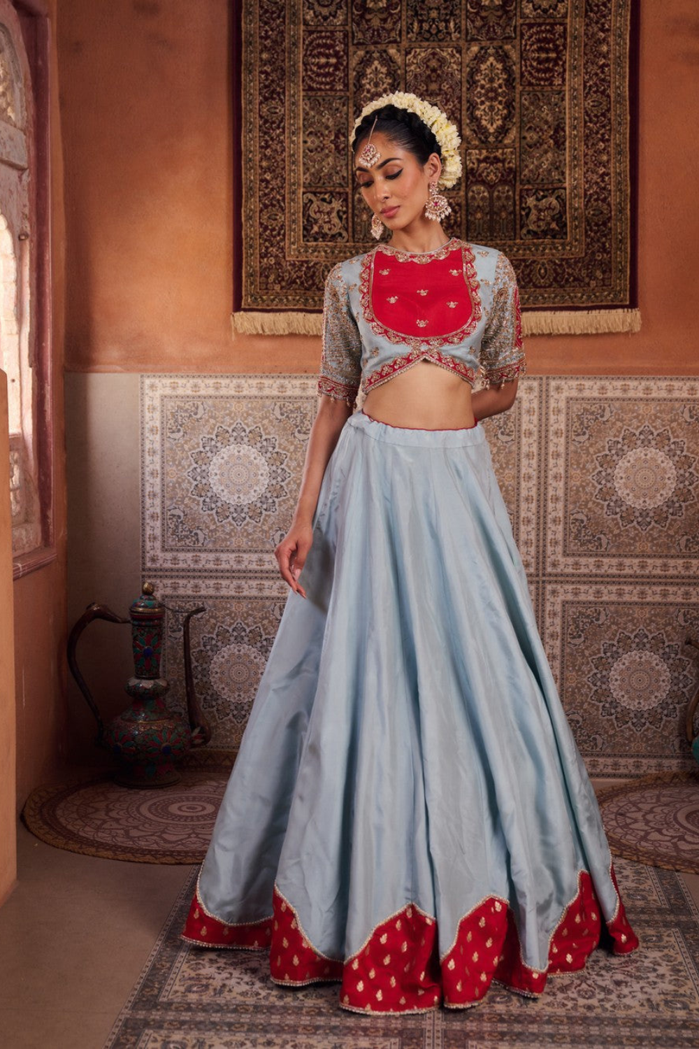Powder blue and fuchsia silk blouse, lehenga and organza dupatta