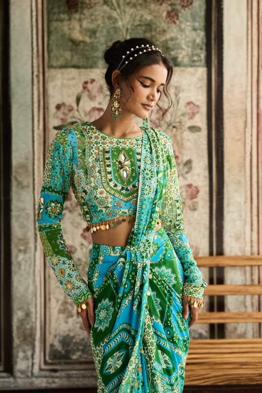 AQUA PRINT AND HIGHLIGHTED DHOTI SAREE SET