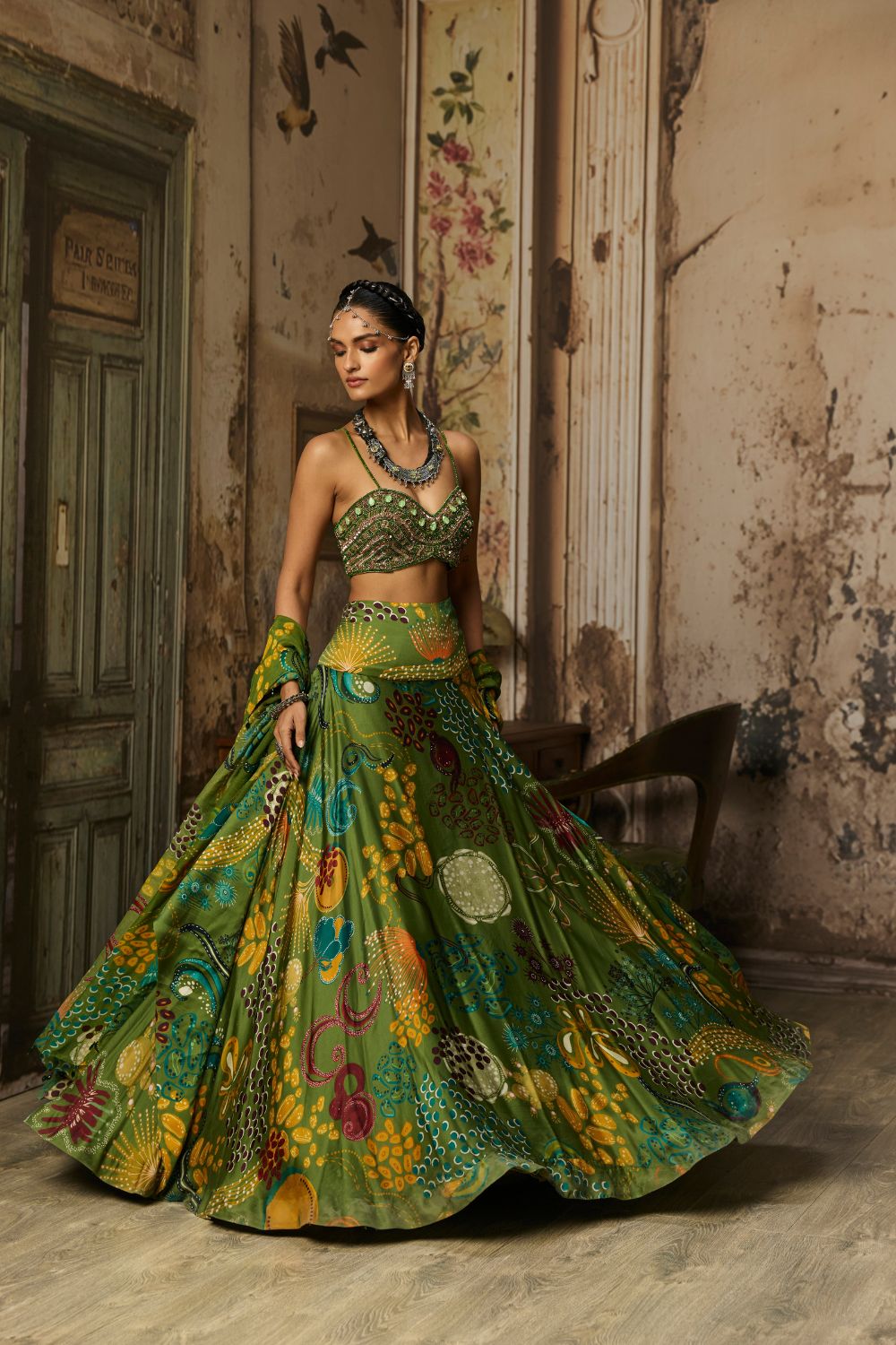 PEAR GREEN EMBROIDERED BLOUSE AND COWL SKIRT SET