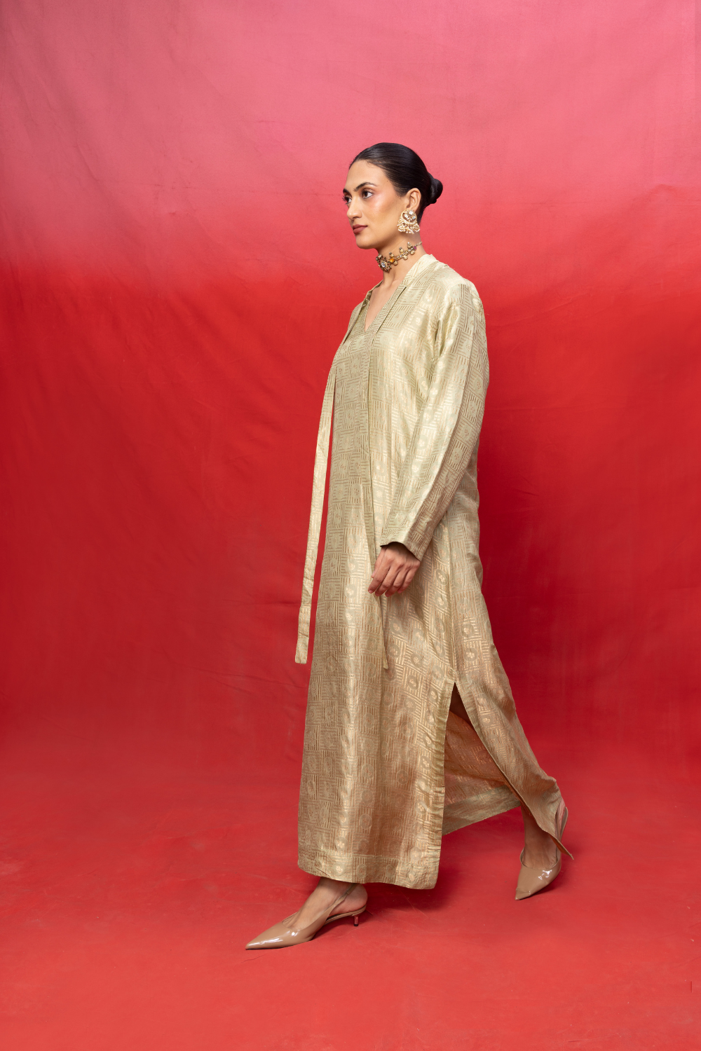 Handwoven Pistachio Green Silk Embossed Kaftan