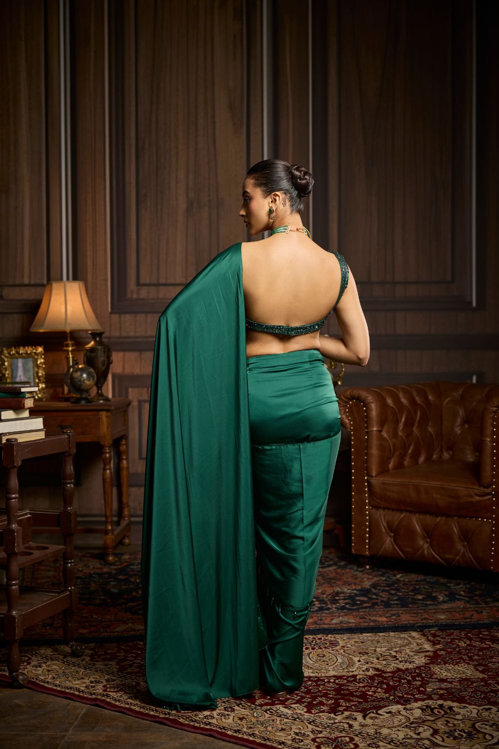EMERALD GREEN EMBELLISHED BLOUSE AND PRE-DRAPED DHOTI SAREE SET
