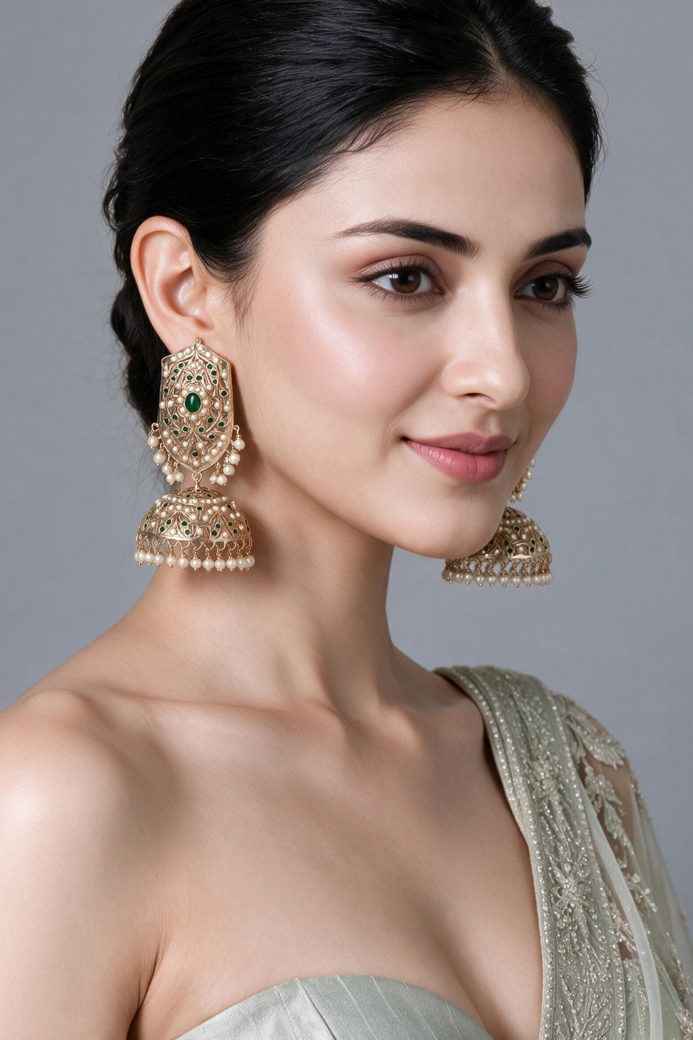 Emerald Green Jadau Pearl Jhumka Earrings