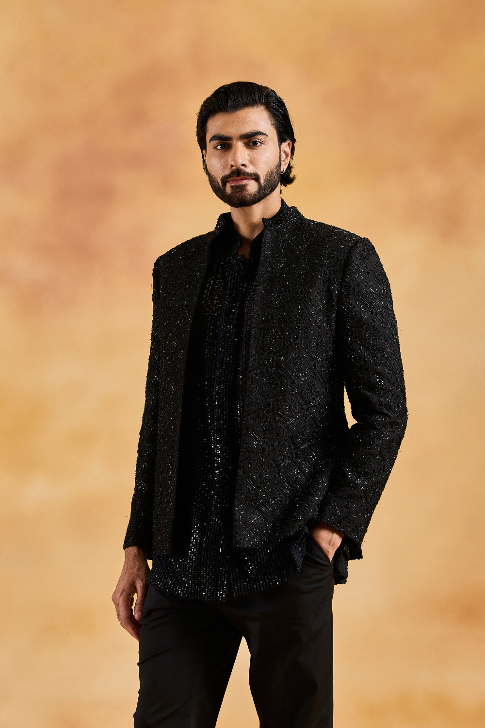 Black Open Jacket with Short Kurta and Pants