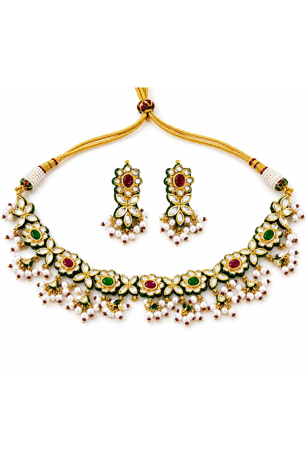 Navratna Jaipuri Kundan Floral Choker Necklace Set with Pearl Drops
