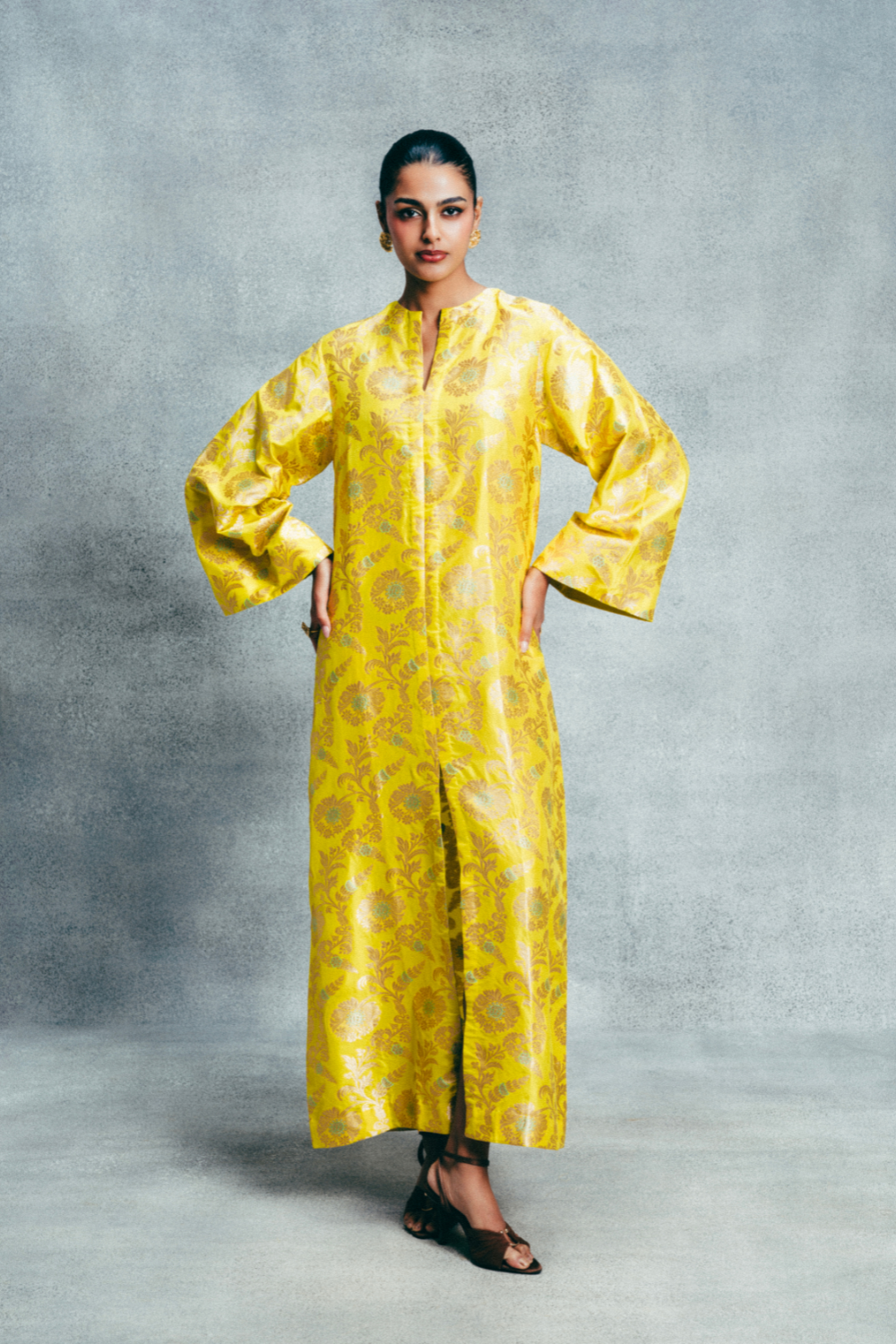 Handwoven Canary Yellow Banarasi Kaftan