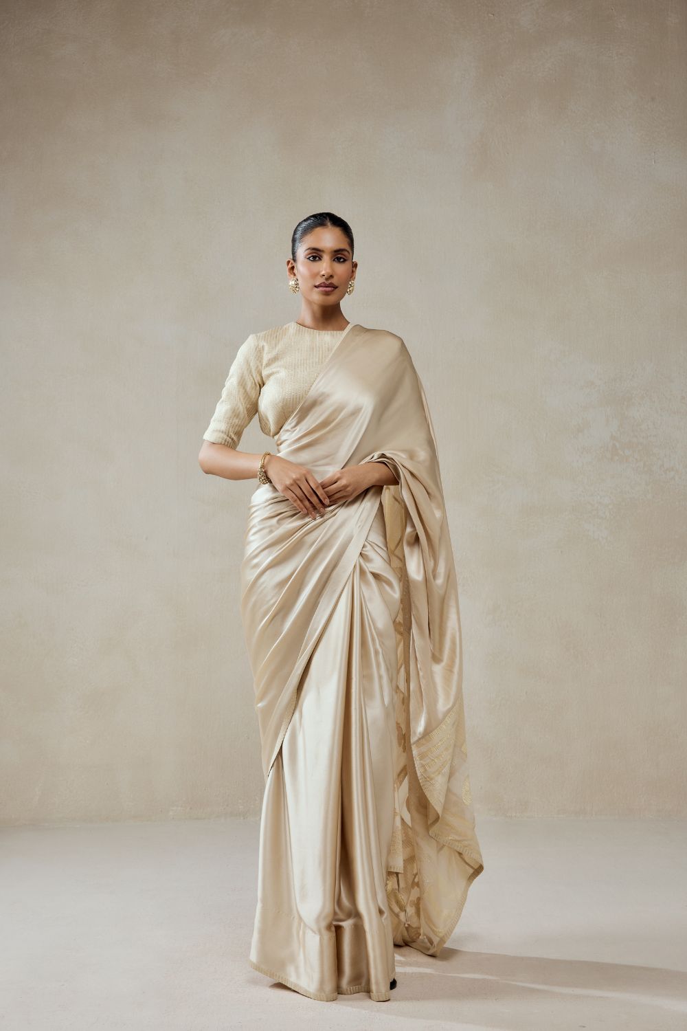 Ivory Monga Tissue Gold Striped Saree Set