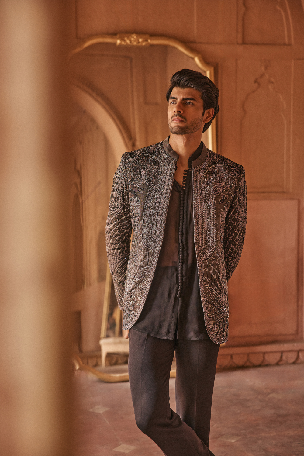 Black, dori embroidery, tissue, jacket ensemble