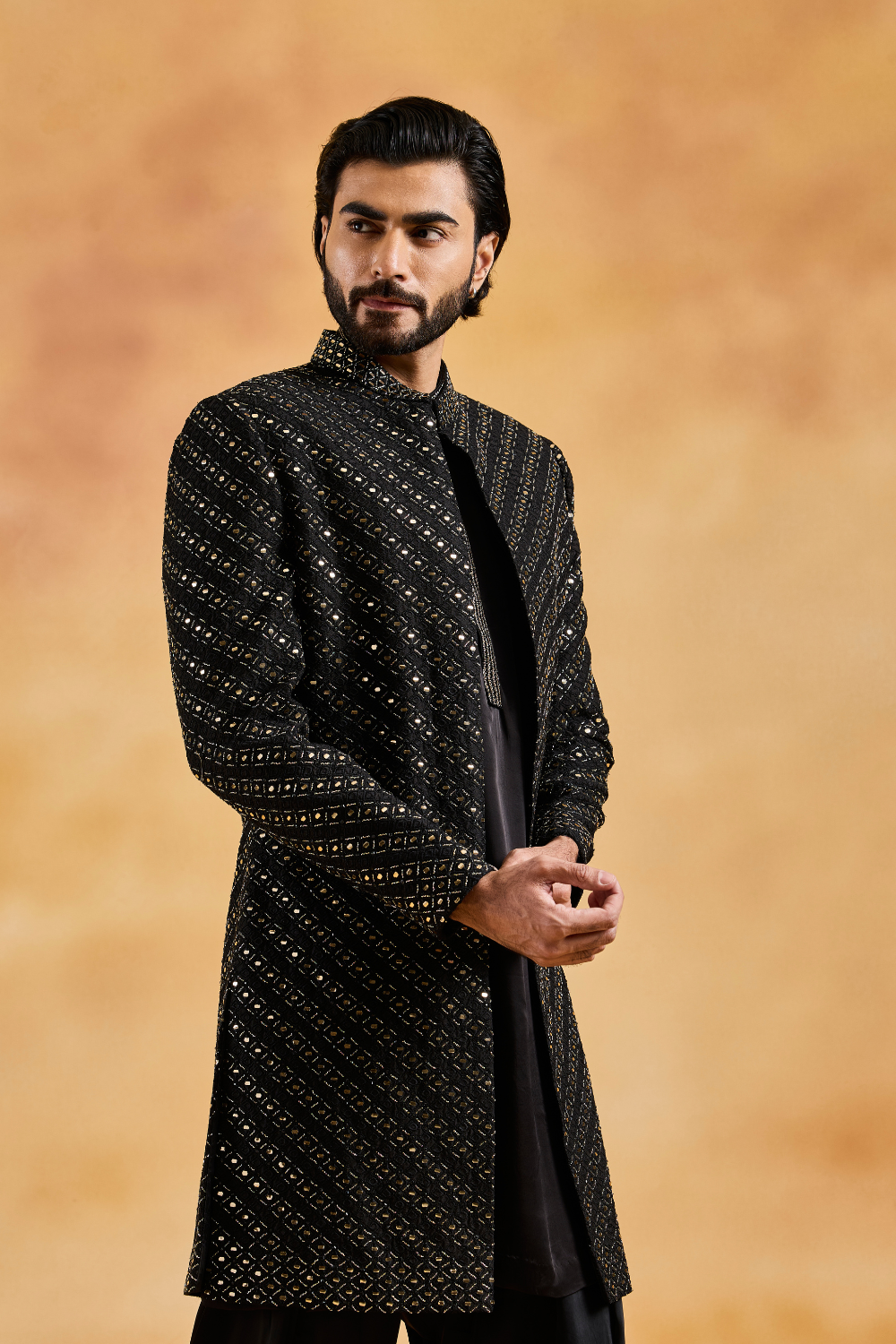 Black Open Sherwani with Kurta and Salwar