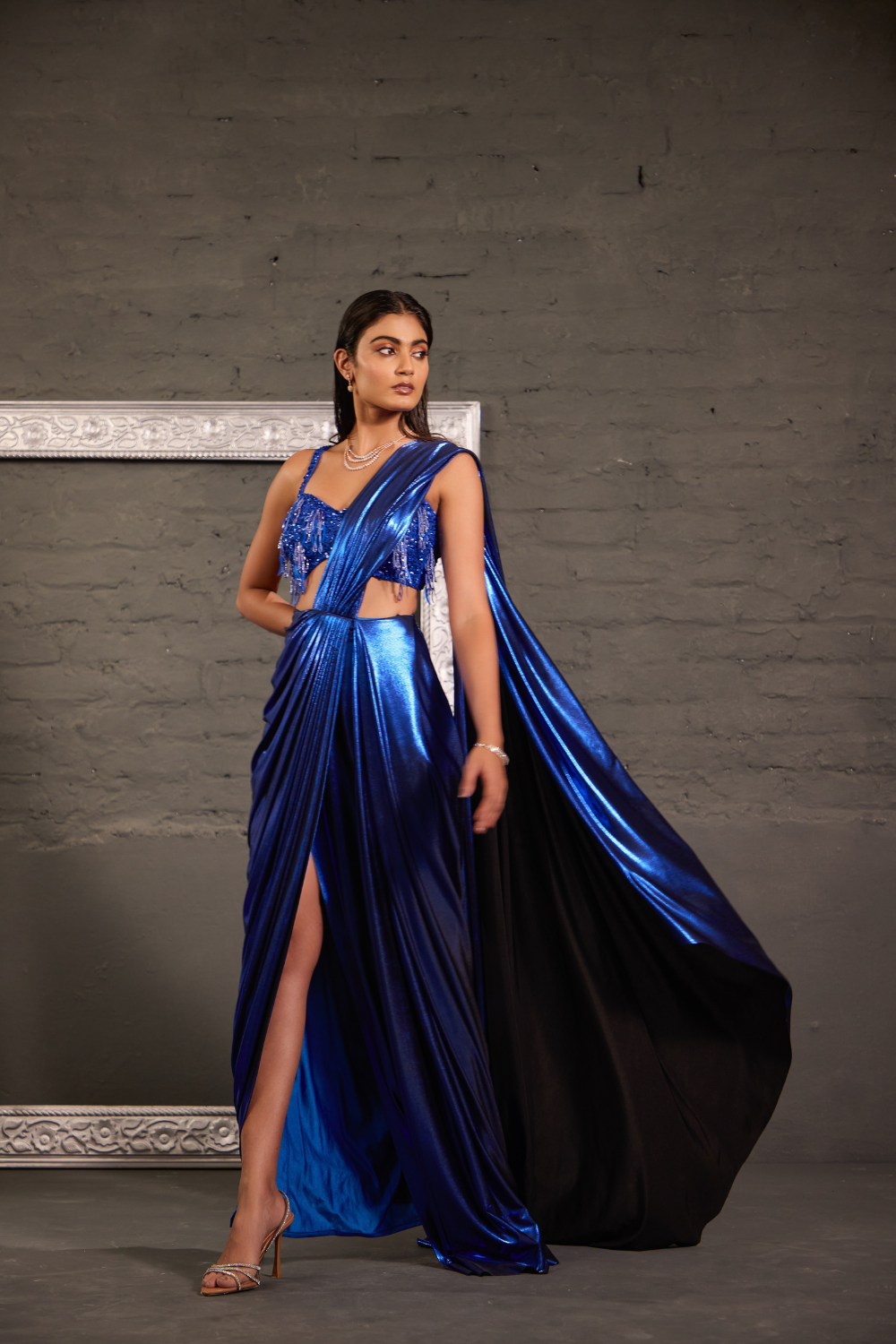 Tasseled Royal Blue Cocktail Metallic Drape Saree Set