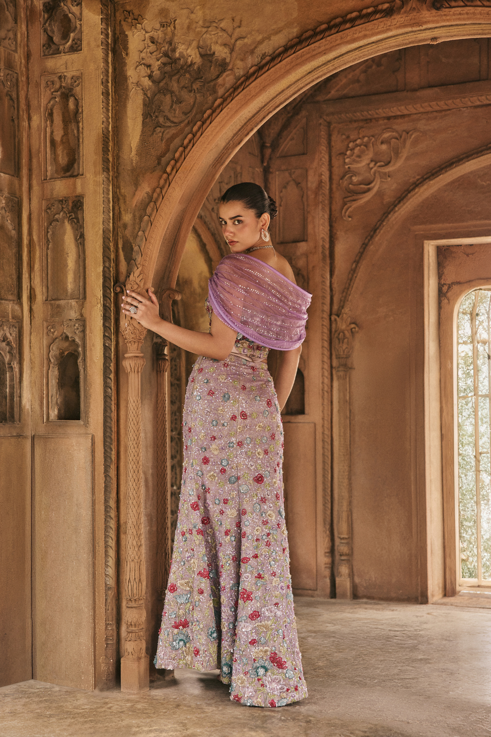 Multi-coloured, mauve, resham embroidery, sequins, tissue, gown