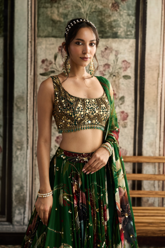 GREEN FLORAL PRINT AND HIGHLIGHTED LEHENGA SET