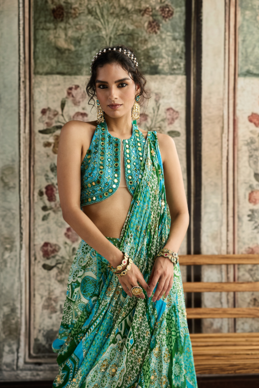AQUA EMBROIDERED BLOUSE AND AQUA PRINT AND HIGHLIGHTED DRAPE BOX PLEAT PANT SAREE