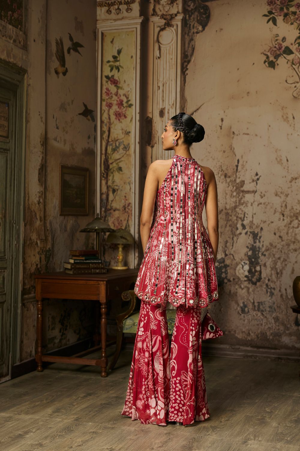 SCARLET RED PRINTED AND HIGHLIGHTED PEPLUM SET