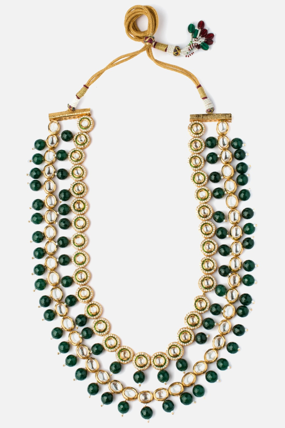 Gold Finish Kundan Polki & Green Beaded Layered Mala