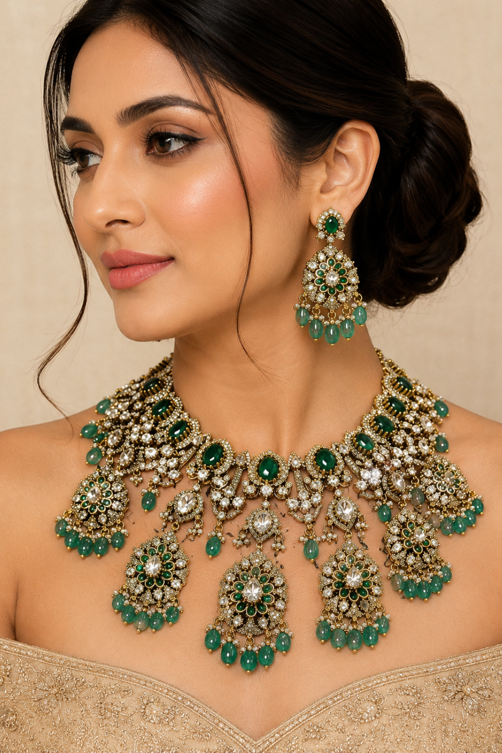 Luxurious Moissanite bridal choker necklace set featuring sparkling stones, emerald green accents, intricate floral motifs, and matching statement earrings for a regal wedding look.