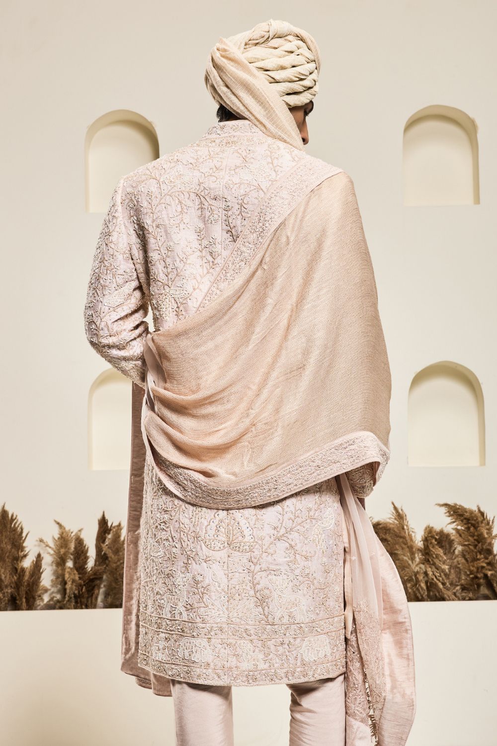 Dusty rose sherwani with pearl and thread work