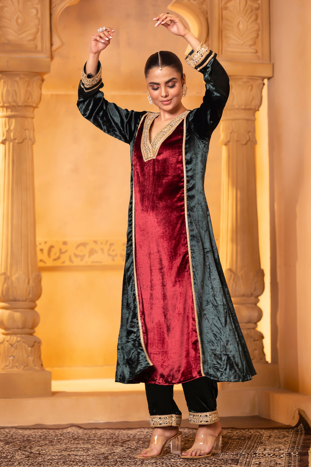 Maroon Green Velvet Set