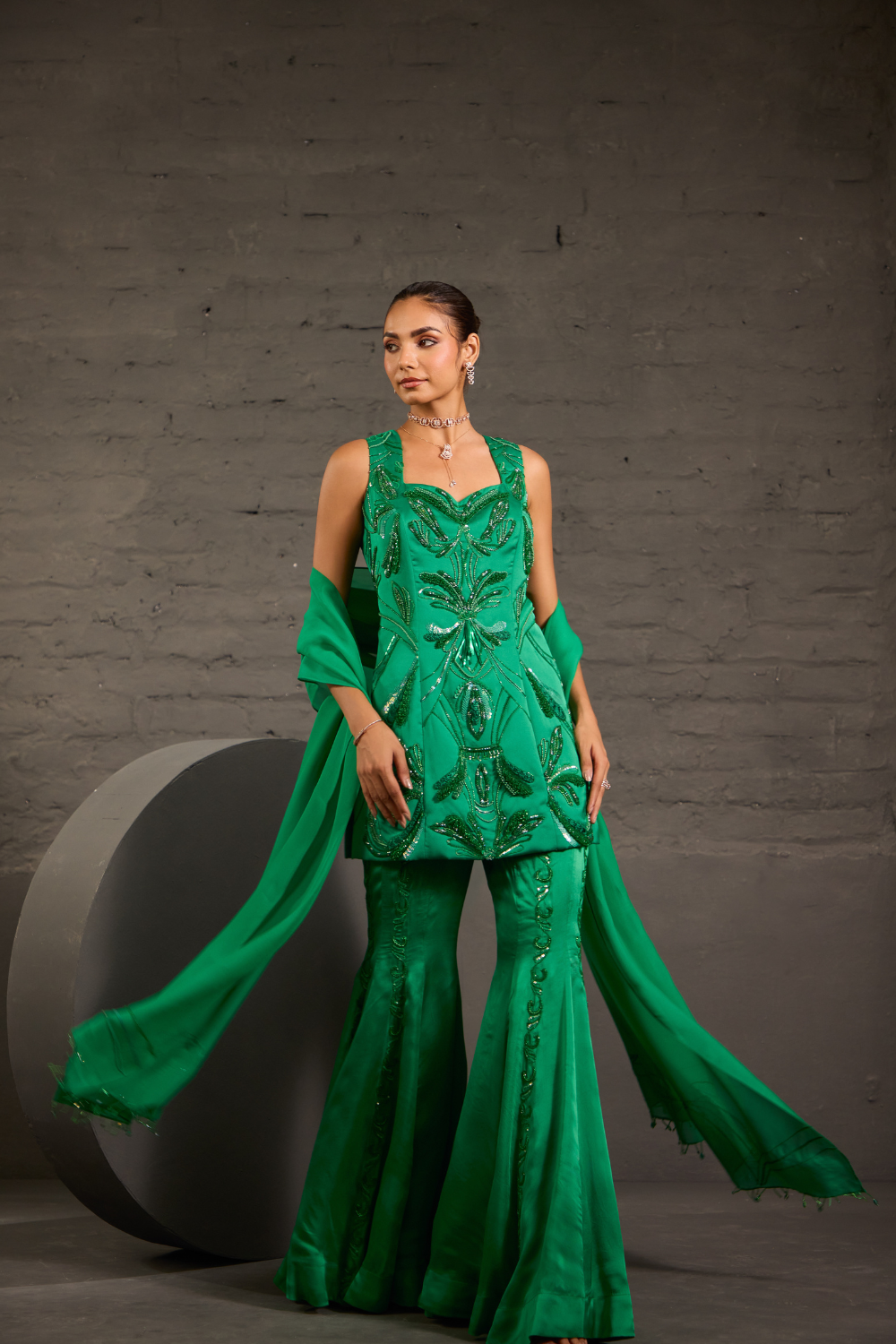 Hand Embroidred Emerald Green Short Tunic With Sharara & Dupatta Set