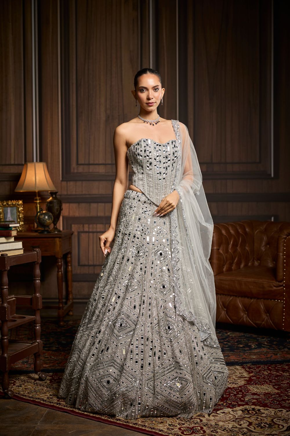 SILVER EMBELLISHED MIRRORWORK LEHENGA SET