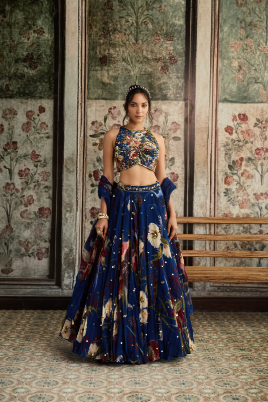 BLUE FLORAL PRINT AND HIGHLIGHTED LEHENGA SET