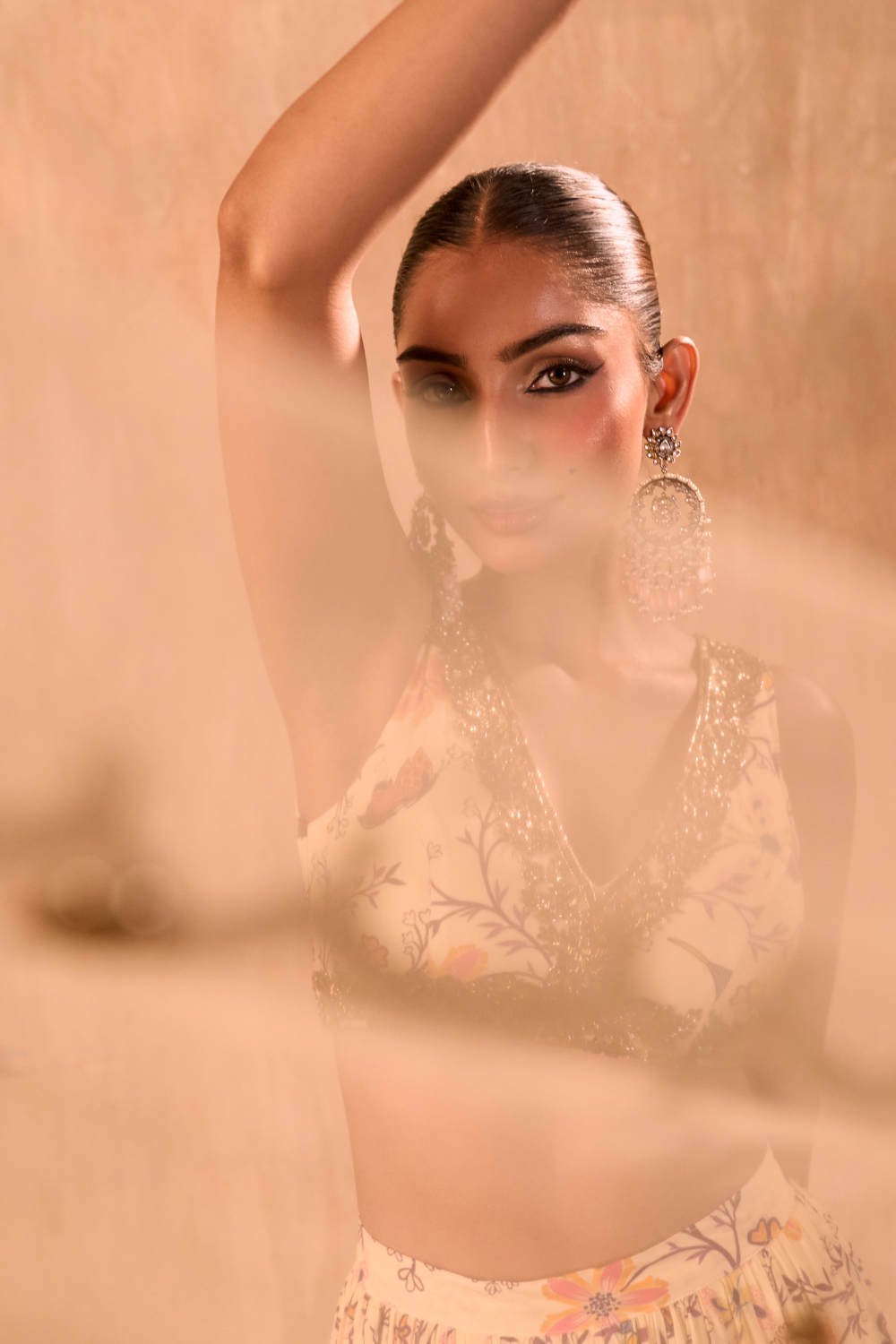 IVORY PRINT EMBROIDERED CHOLI, LAYERED LEHENGA AND DUPATTA SET