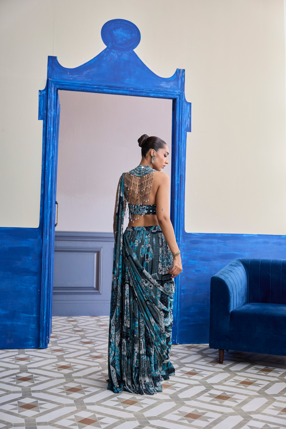 Teal Mosaic Halter Blouse with Tiered Skirt Saree Set