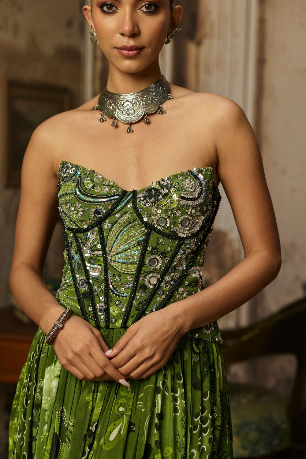 PEAR GREEN PRINT AND HIGHLIGHTED CORSET GOWN