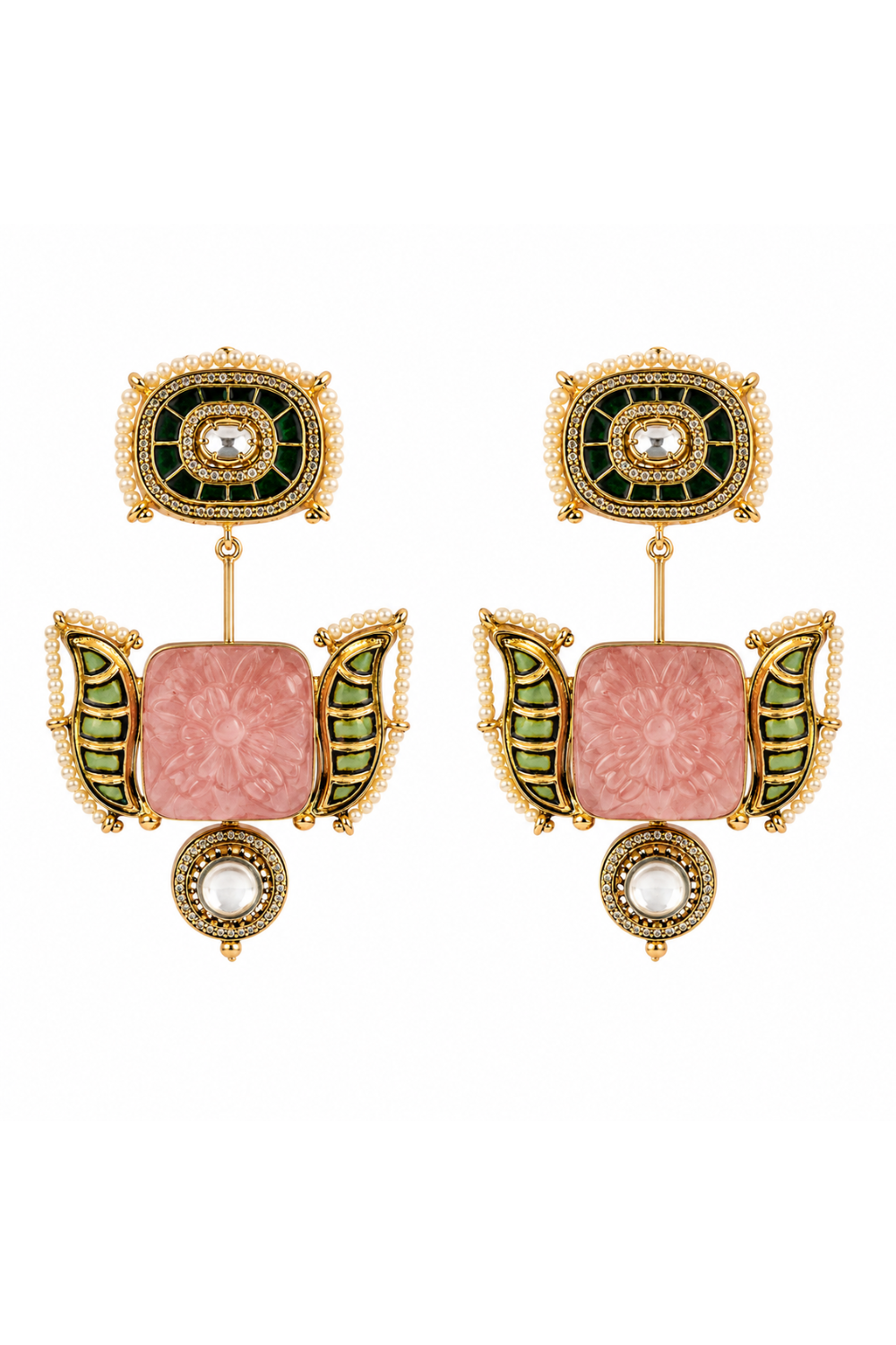 Blush Pink & Emerald Green Semi-Precious Statement Earrings