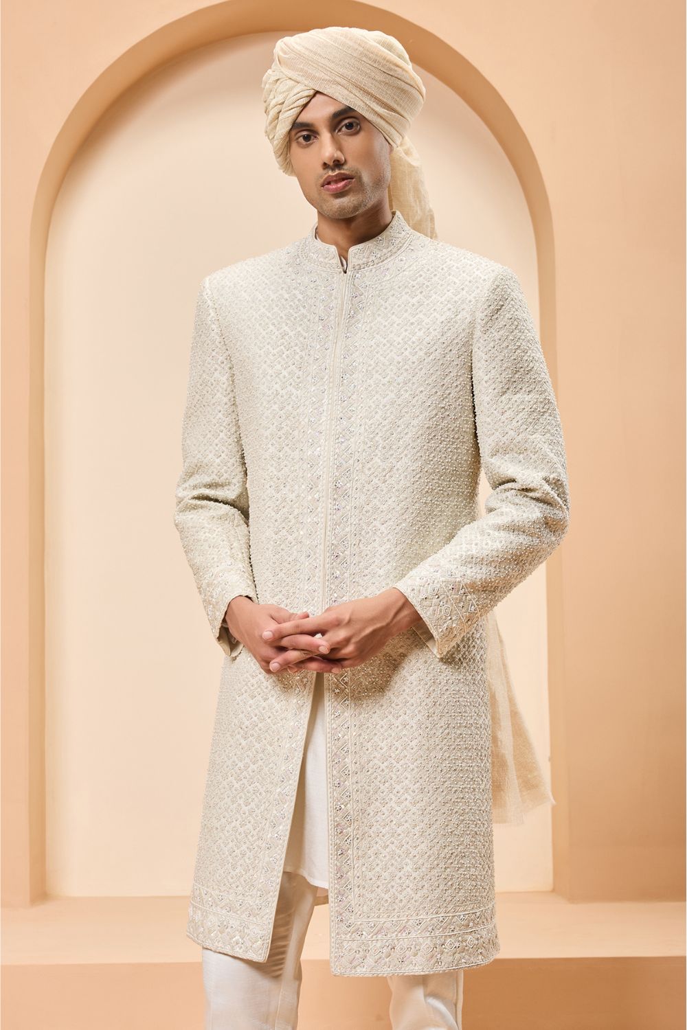 Ivory sherwani detailing with pearl, rainbow sequins and thread work