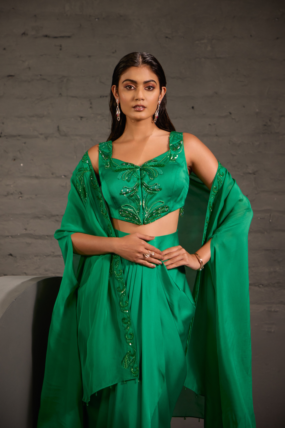 Emarald Green Cape With Asymmetric Drape Skirt And Waistcoat Set