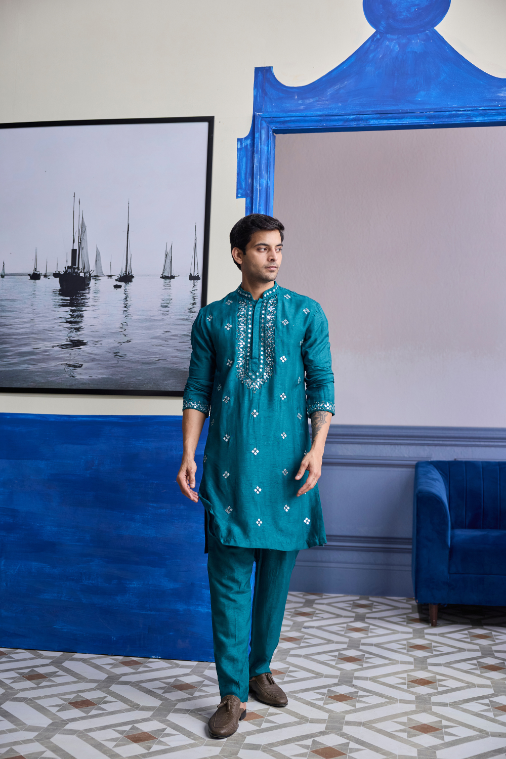 TEAL GREEN EMBROIDERED KURTA WITH SOLID PANTS