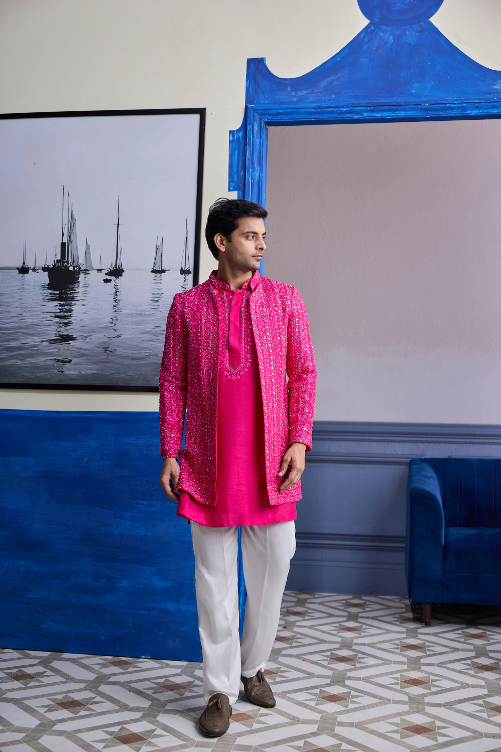 Fuchsia Pink Mirror Embroidered & Thread Work Bandhgala Jacket with Kurta & Pants