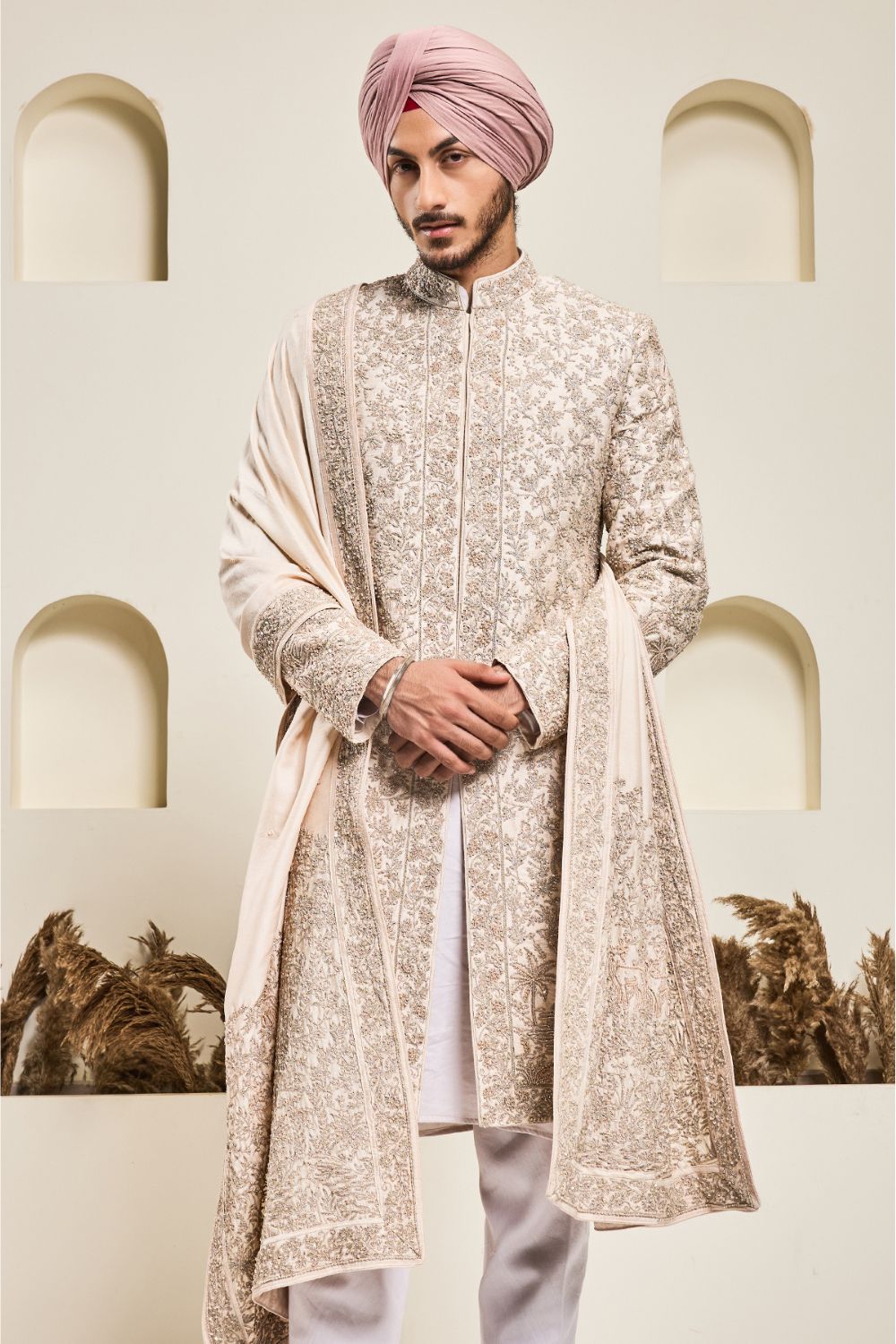 Dusty rose sherwani with pearl,sequins and zari work