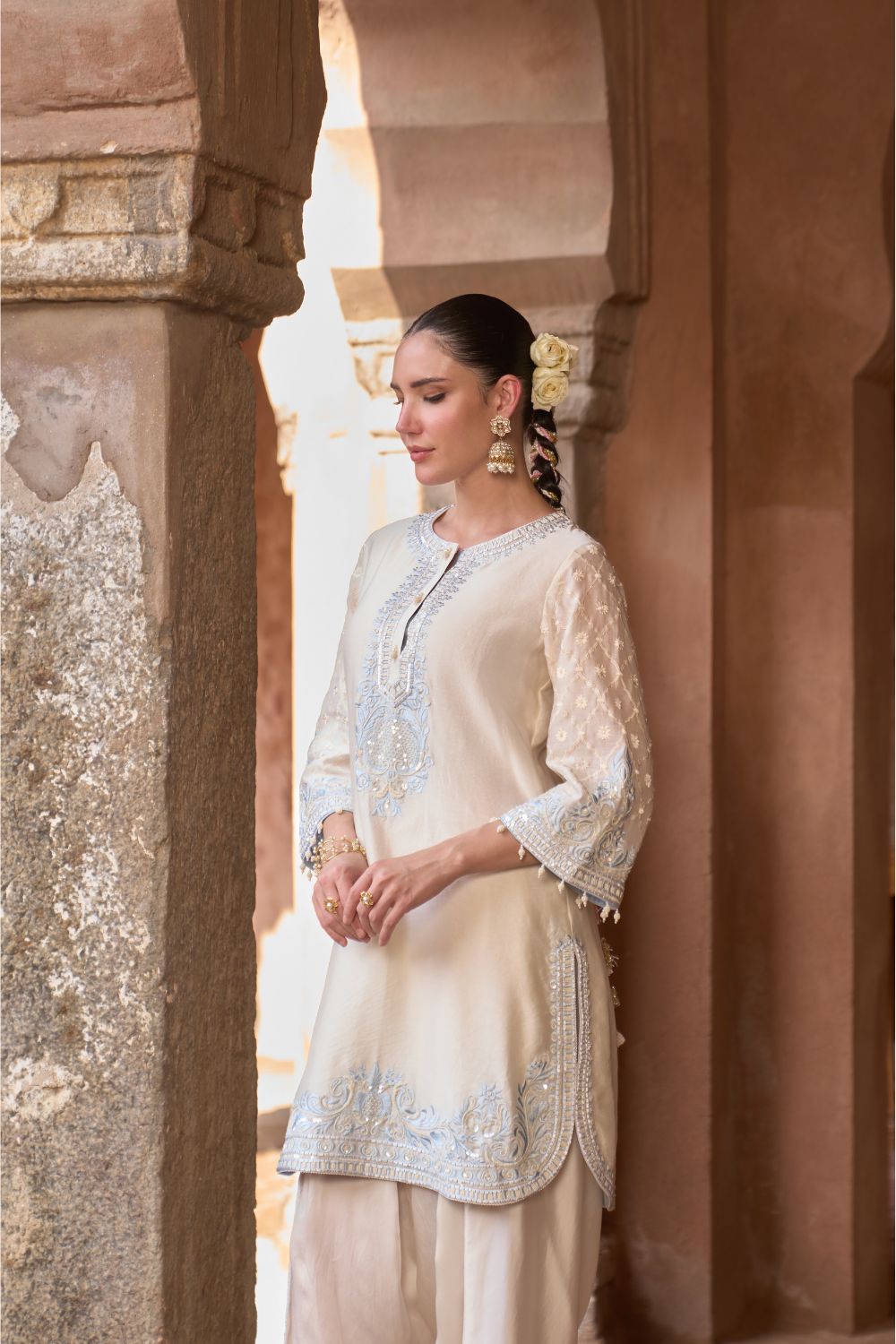 RUHI - DAISY IVORY WITH BLUE SHORT KURTA AND DHOTI