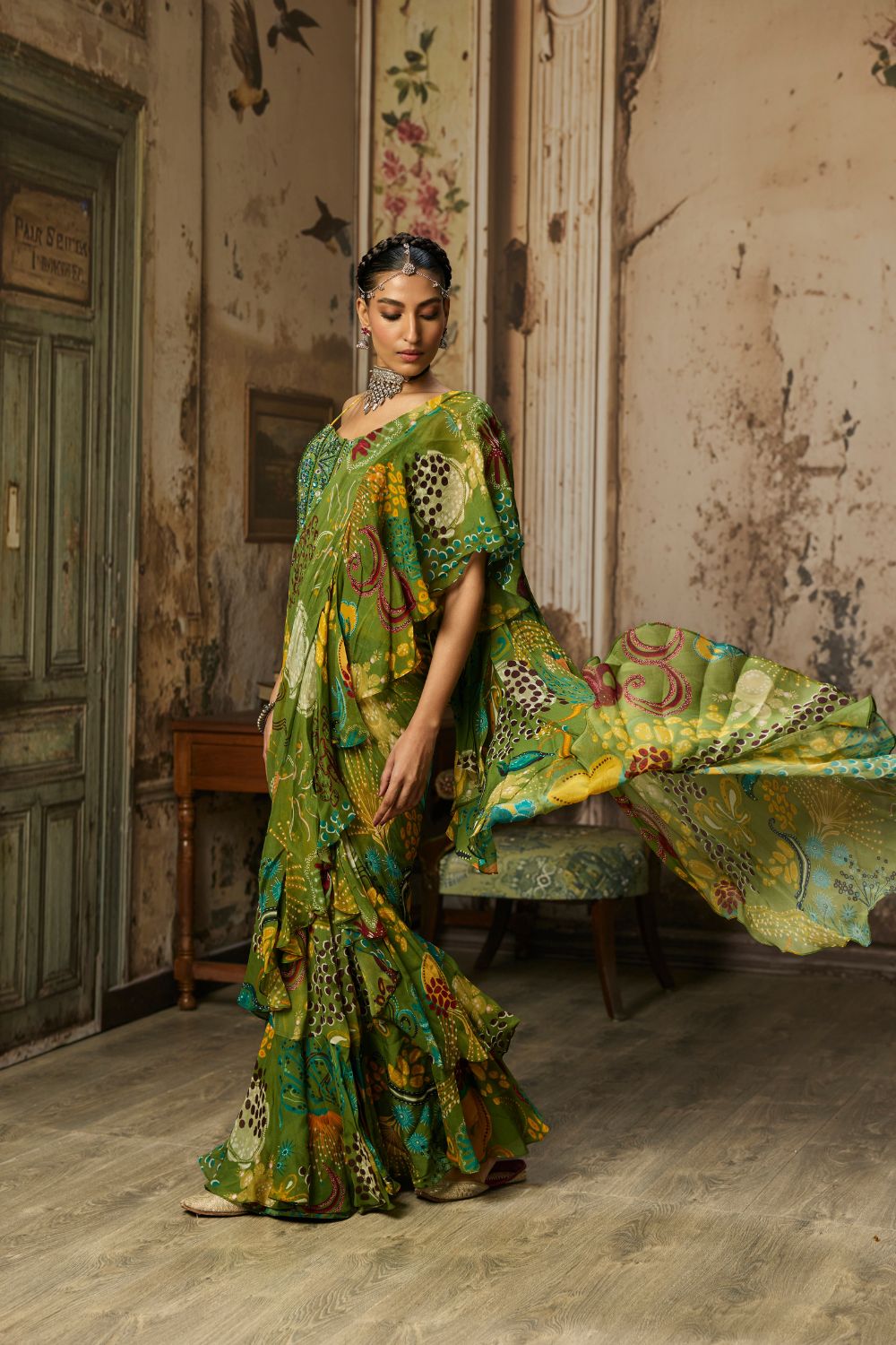 PEAR GREEN PRINTED AND HIGHLIGHTED RUFFLE SKIRT SAREE SET