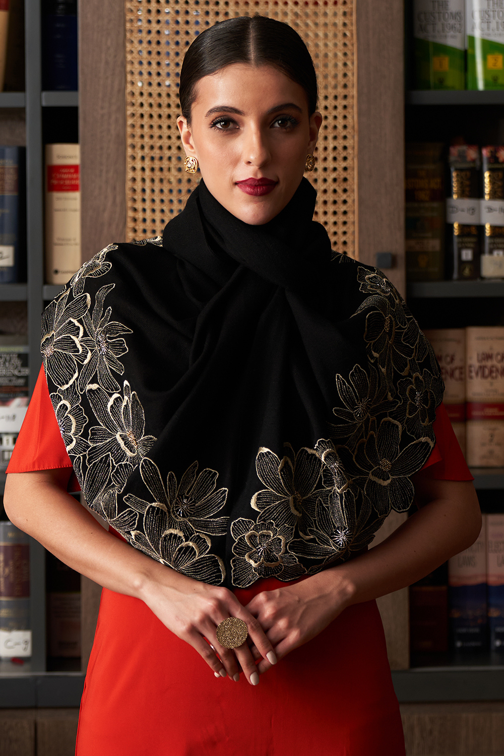 Magnolia Bloom | Embroidered Wool Silk Stole – Black