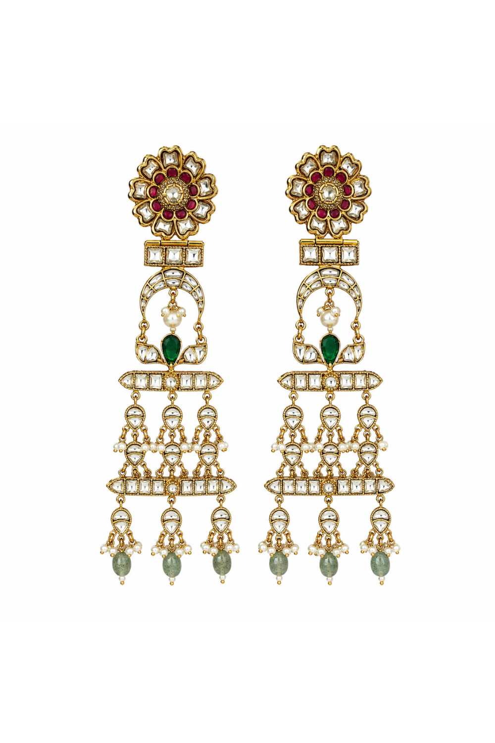 Multicolour Kundan Pearl Drop Statement Earrings