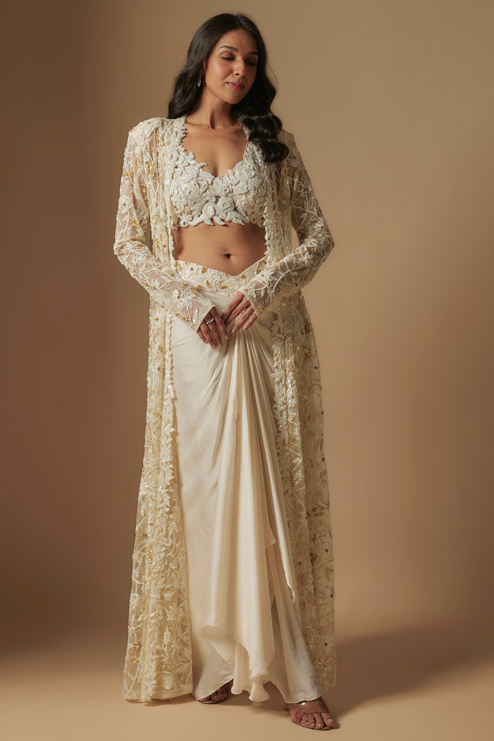 Moon Pie Full Embroidered blouse paired with drape skirt and emb full jacket