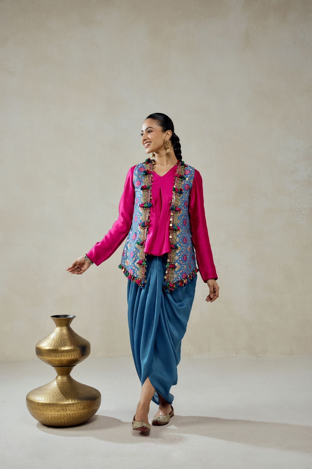Royal Blue Patola Short Jacket With Dhoti Skirt Set