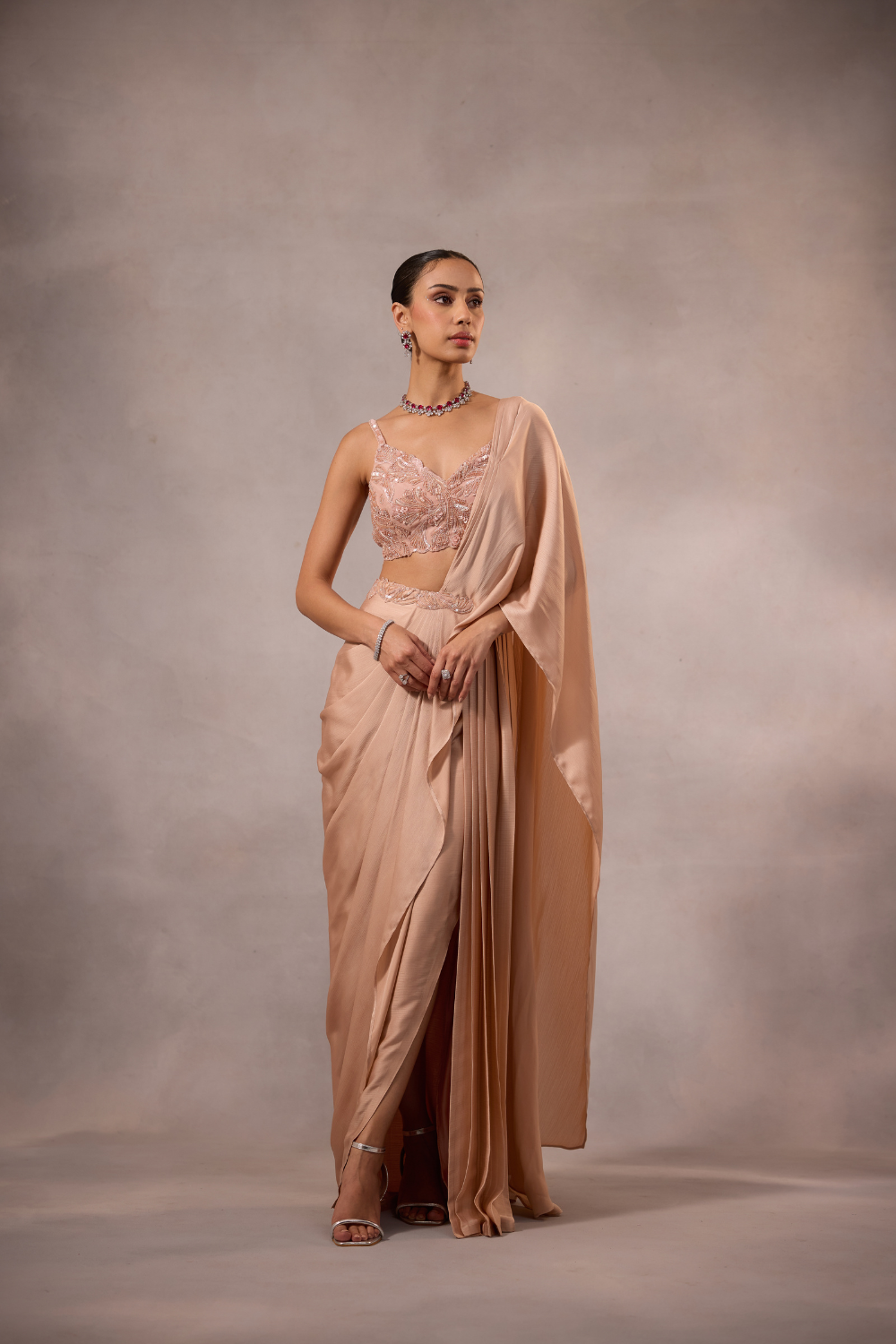 Champagne Pink Draped Saree Set with Embellished Bustier Blouse